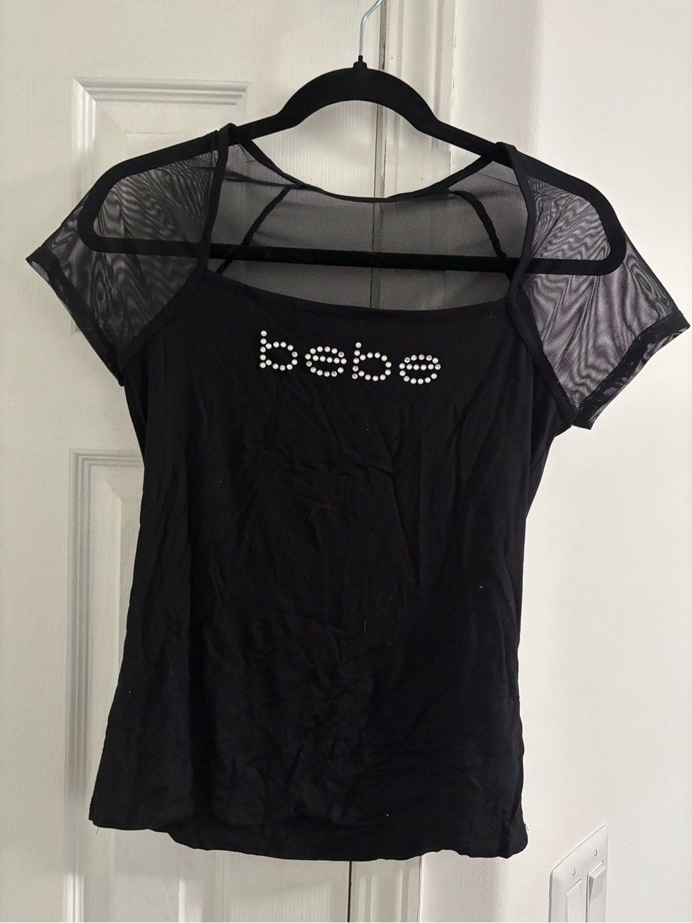 bebe Black Mesh Shoulder Logo Tee with Rhinestones